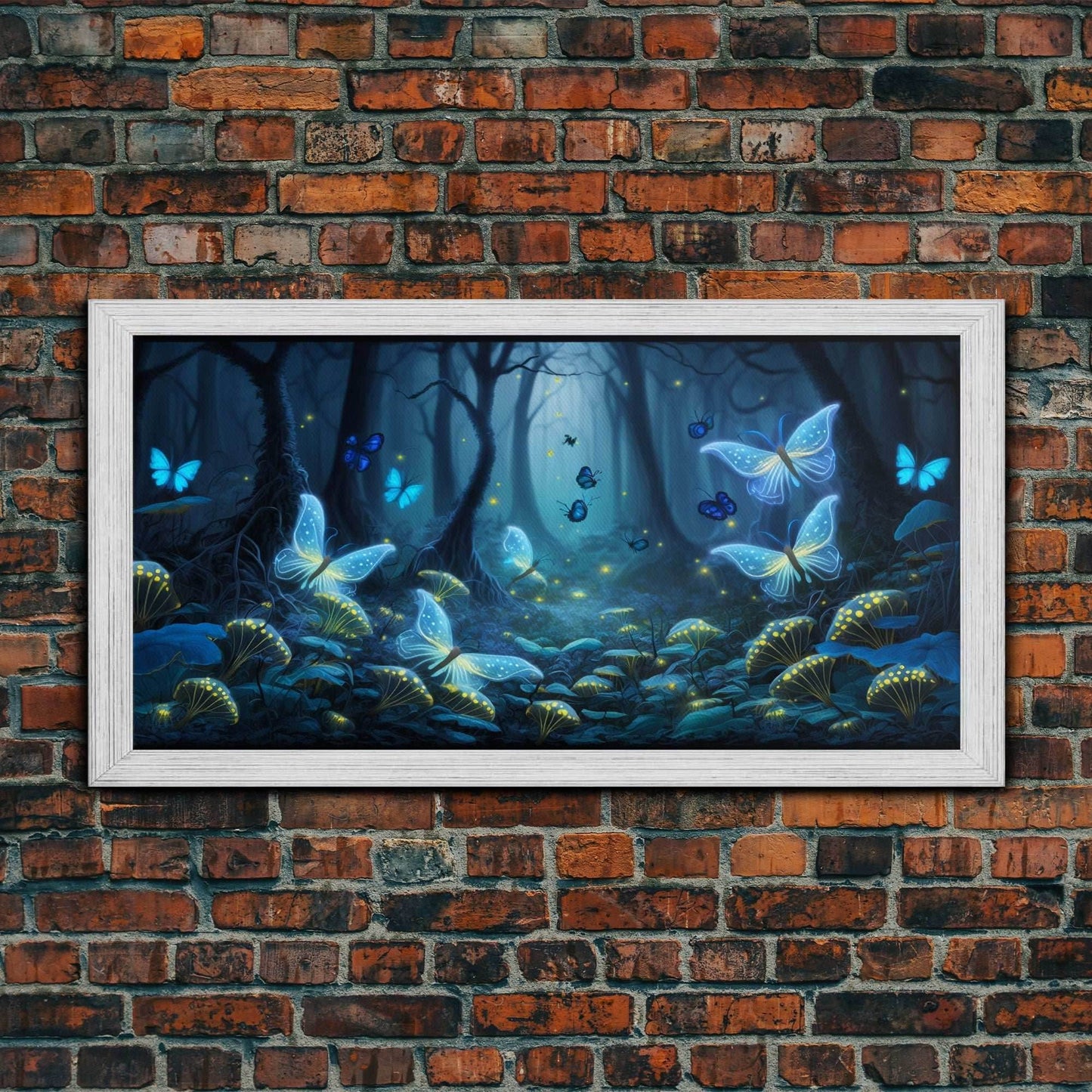 Magical Enchanted Fairy Forest, Fantasy Art, Framed Canvas Print, Bioluminescent Butterflies in an Enchanted Forest, Glowing Art - 10x20 Inches / Gold Frame