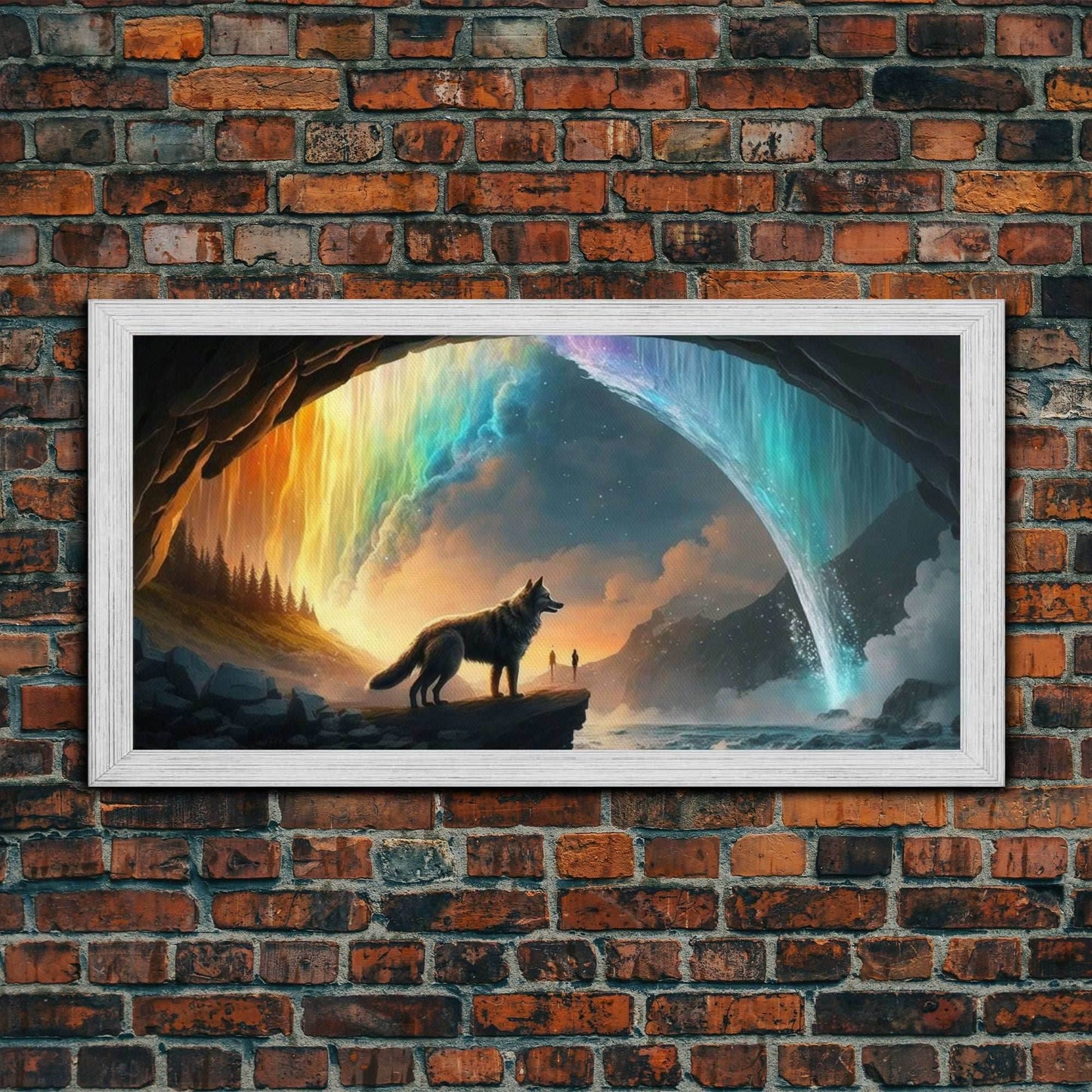 Fenrir, Mythological Wolf, With Bifrost. Norse Mythology Fantasy Art, Framed Canvas Print, Nordic Art - 10x20 Inches / Gold Frame