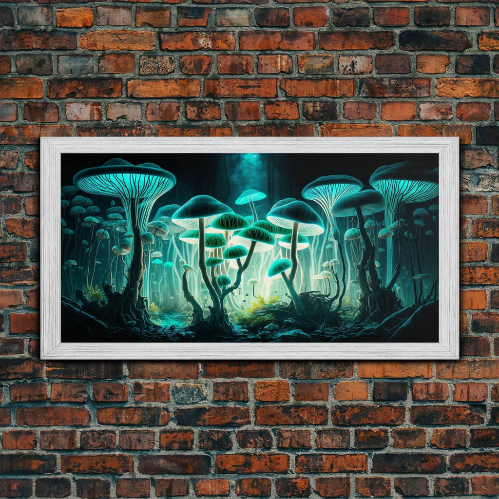 The Forest Floor, Framed Canvas Print, Glowing Mushrooms, Bioluminescent Mushroom Art, Color fantasy wall art - 10x20 Inches / Gold Frame
