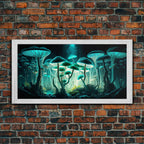 The Forest Floor, Framed Canvas Print, Glowing Mushrooms, Bioluminescent Mushroom Art, Color fantasy wall art - 10x20 Inches / Gold Frame