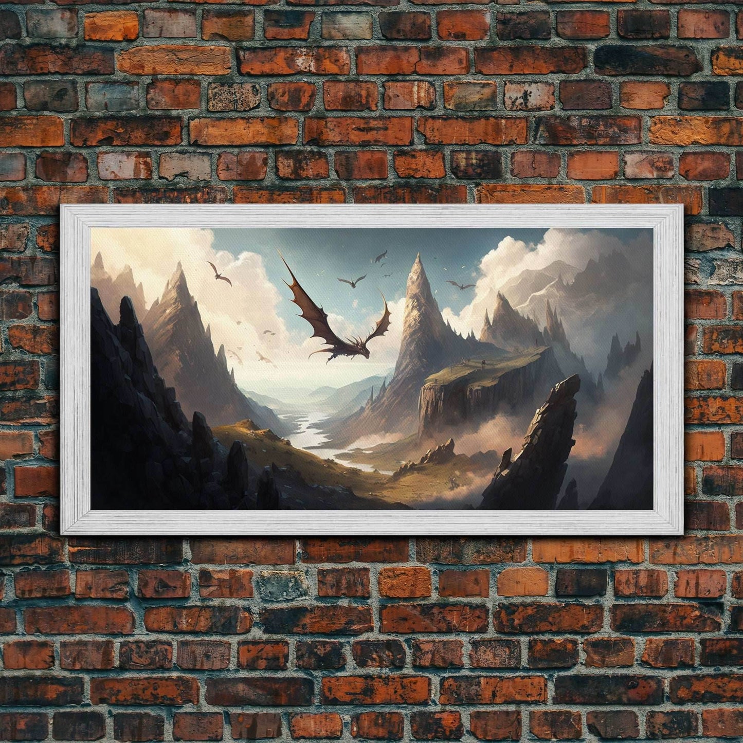 Dragons in Flight Over a Valley, Fantasy Art, Framed Canvas Print, Medieval Fantasy Art, Fire breathing dragons - 10x20 Inches / Gold Frame