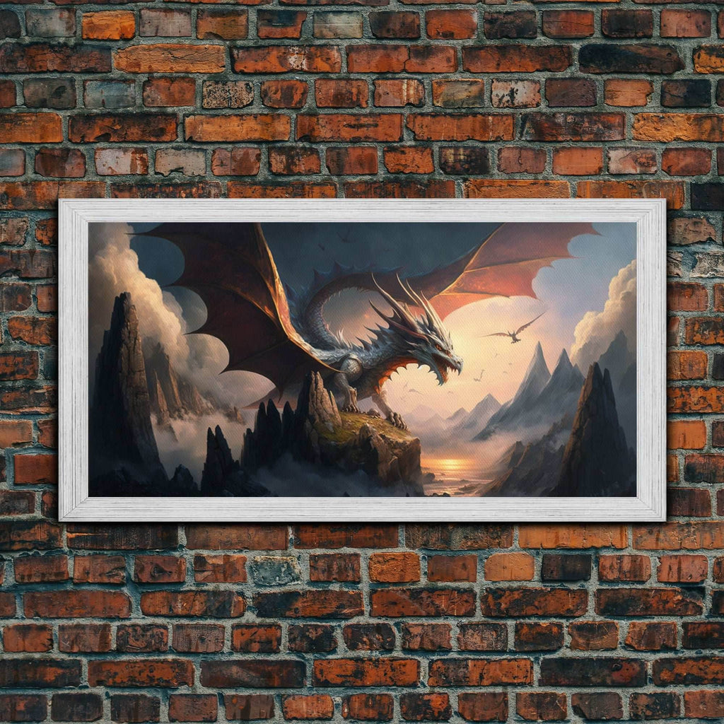 White Dragon on a Mountain Top, Fantasy Art, Framed Canvas Print, Medieval Fantasy Art, Fire breathing dragons - 10x20 Inches / Gold Frame