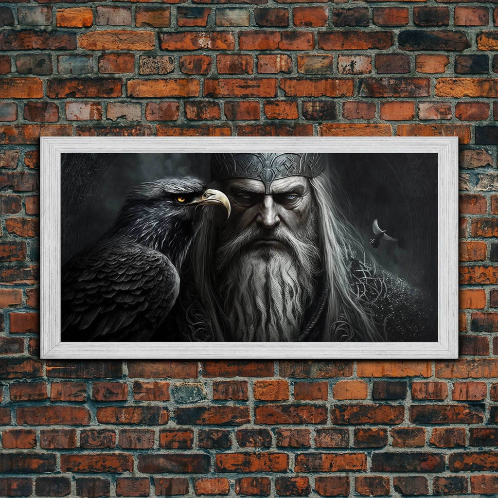 Portrait of Odin King of the Gods, Ruler of Asgard, Framed Canvas Print, Norse Mythology Pop Art, Fantasy Art - 10x20 Inches / Gold Frame