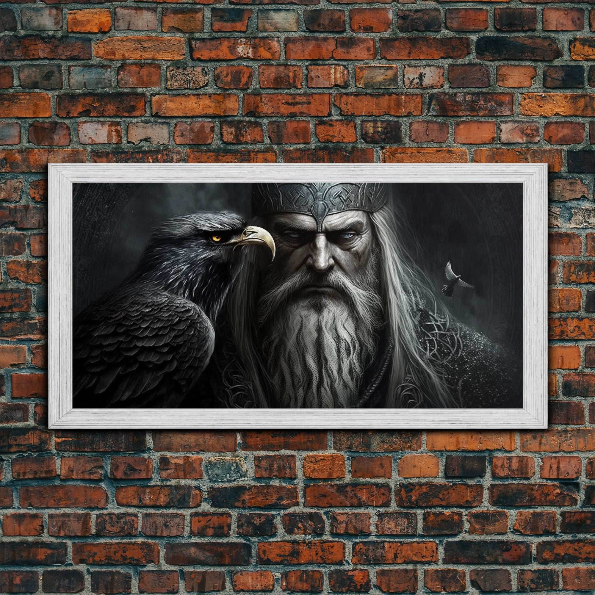 Portrait of Odin King of the Gods, Ruler of Asgard, Framed Canvas Print, Norse Mythology Pop Art, Fantasy Art - 10x20 Inches / Gold Frame