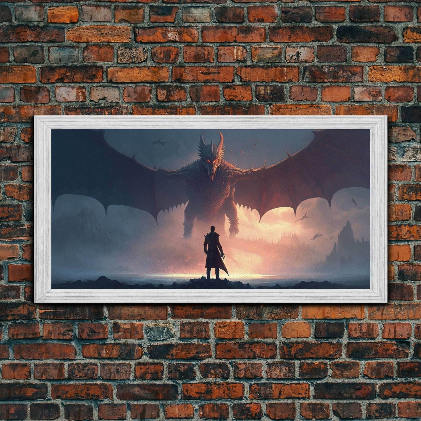 Warrior Facing Down a Dragon, Framed Canvas Print, Unique Fantasy Wall Art, In The Time of Dragons - 10x20 Inches / Gold Frame