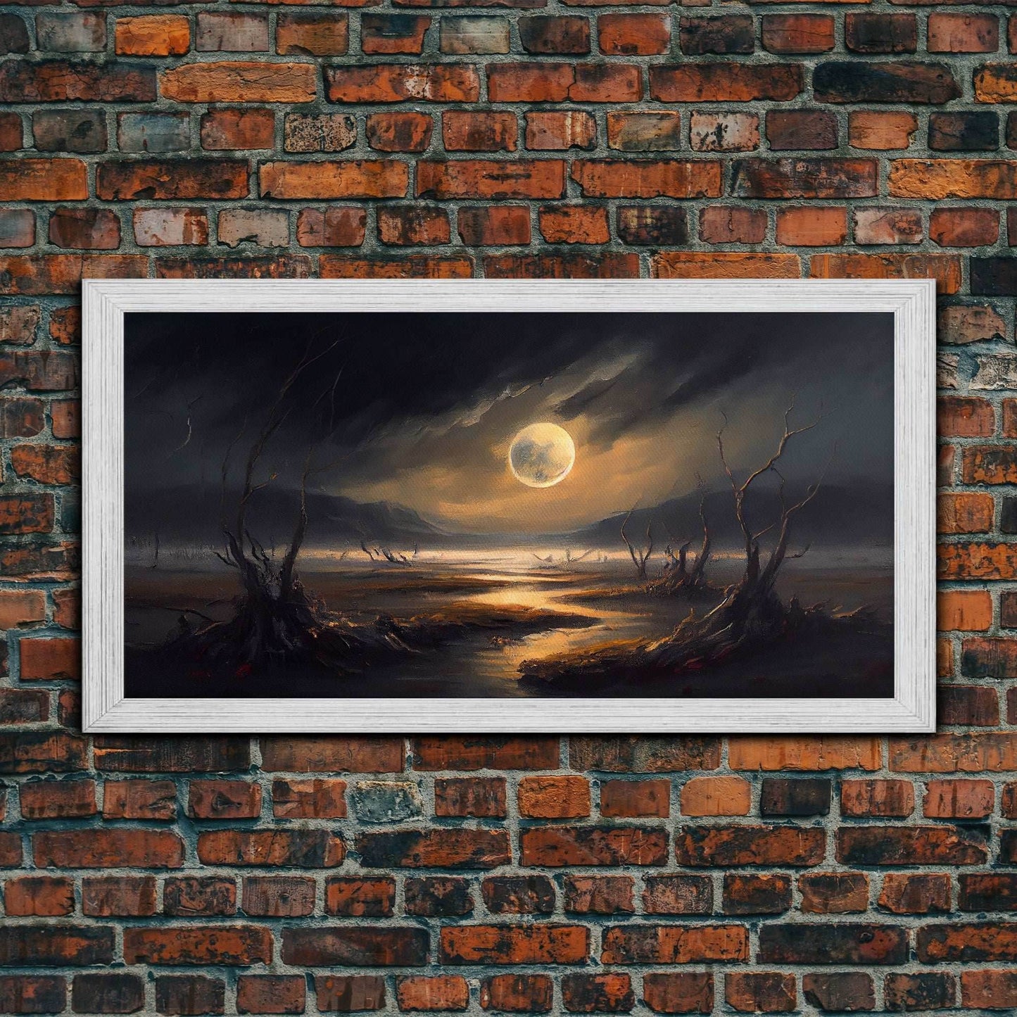 Midnight In The Swamp, Framed Canvas Print, Fantasy Art Canvas, Wall Art, Game Room Art, Full moon - 10x20 Inches / Gold Frame