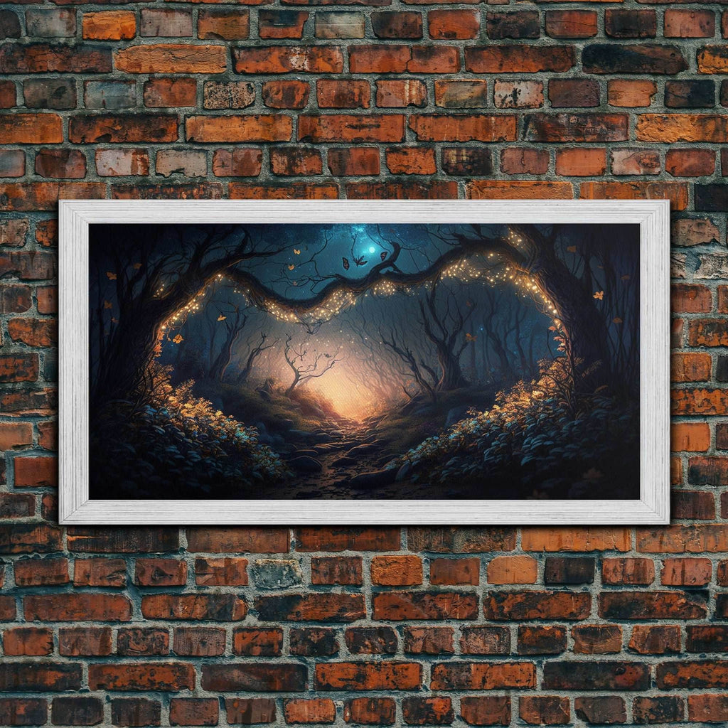 Wreath of Fireflies, Beautiful Fantasy Art, Framed Canvas Print, Moonlit Forest Floor Fantasy Concept Art - 10x20 Inches / Gold Frame