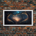 Wreath of Fireflies, Beautiful Fantasy Art, Framed Canvas Print, Moonlit Forest Floor Fantasy Concept Art - 10x20 Inches / Gold Frame