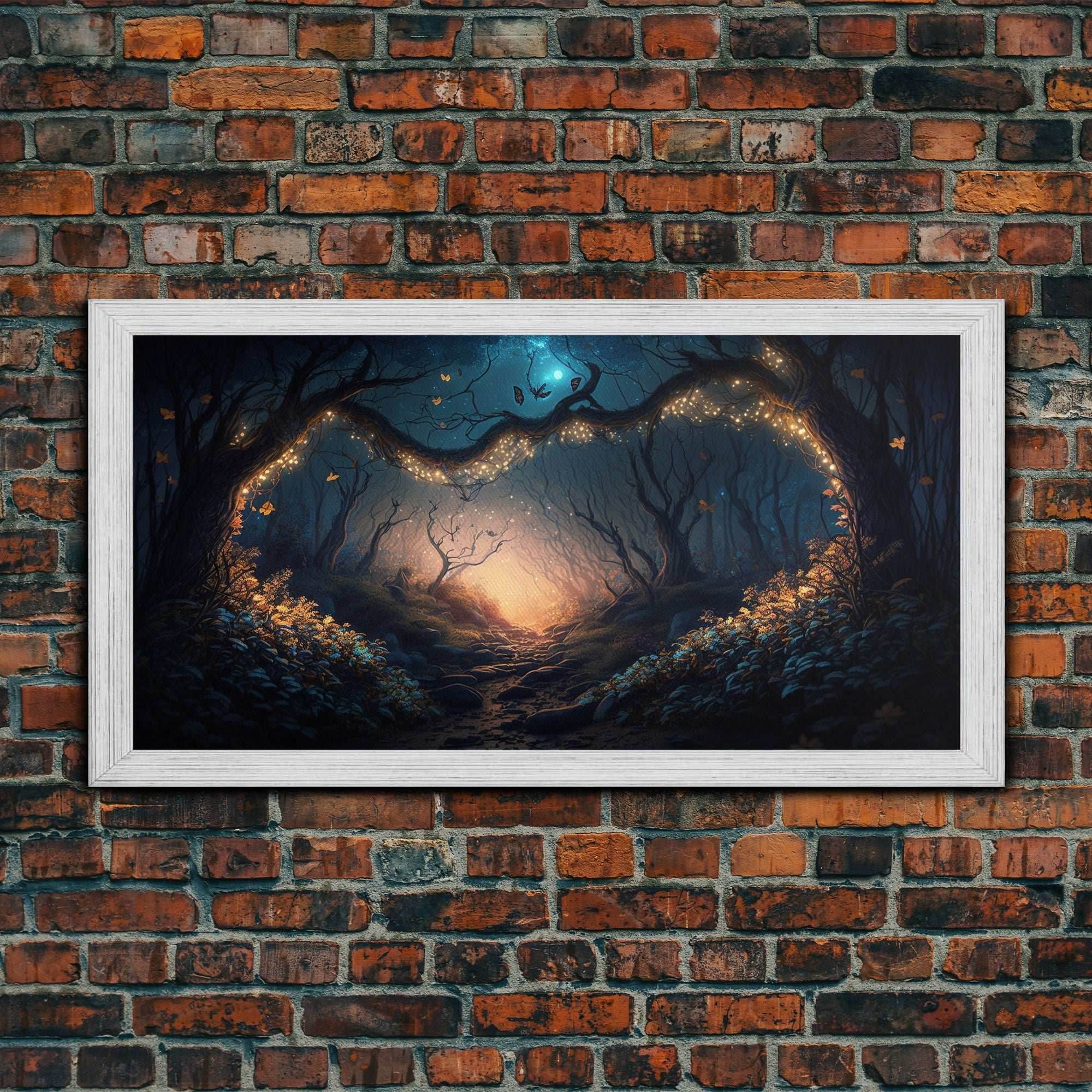Wreath of Fireflies, Beautiful Fantasy Art, Framed Canvas Print, Moonlit Forest Floor Fantasy Concept Art - 10x20 Inches / Gold Frame