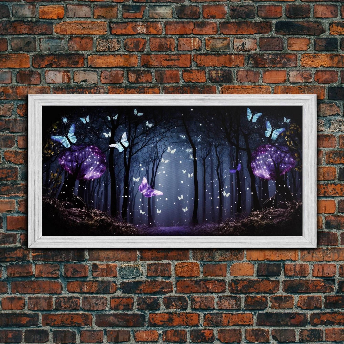 Glowing Butterflies, Framed Canvas Print, Fantasy Decor, High Fantasy Canvas Art, Fairy Forest - 10x20 Inches / Gold Frame
