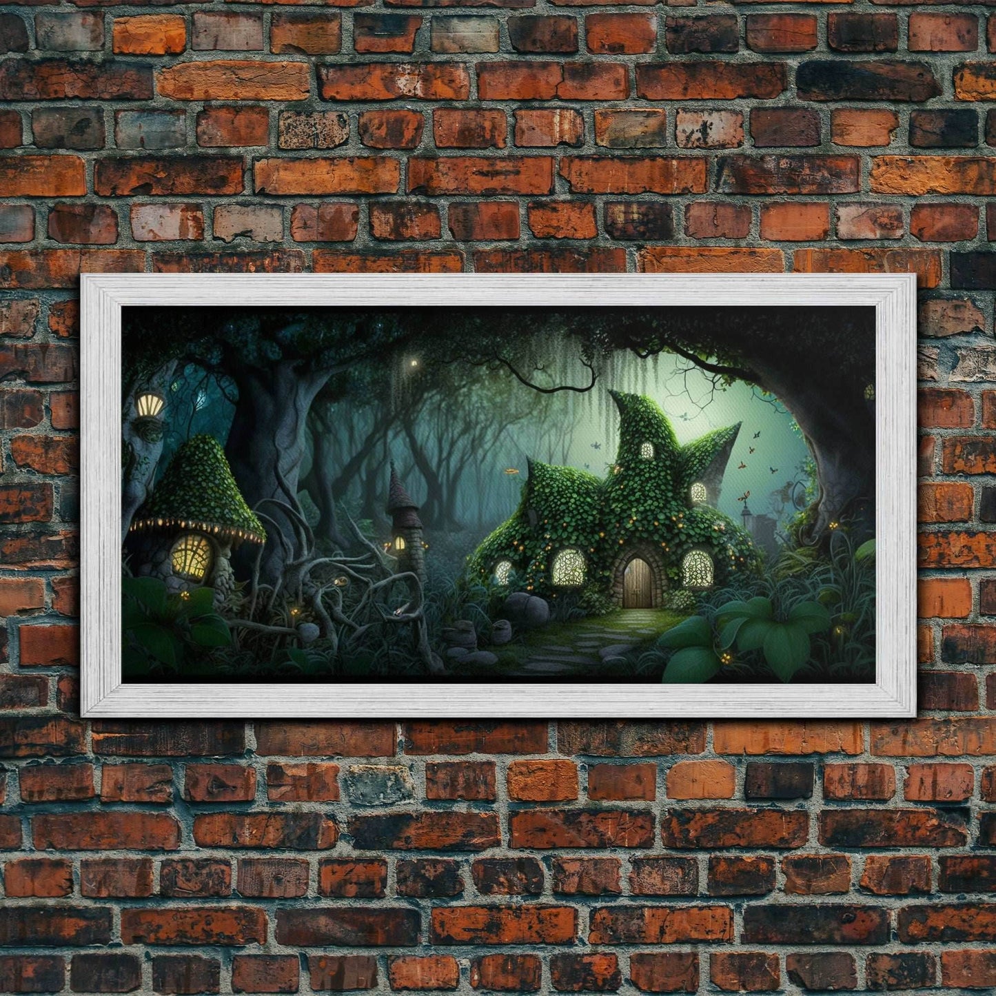 Gnome City, Wall Art, Fantasy Canvas Print, Framed Art, Tiny Gnome Houses On The Forest Floor - 10x20 Inches / Gold Frame