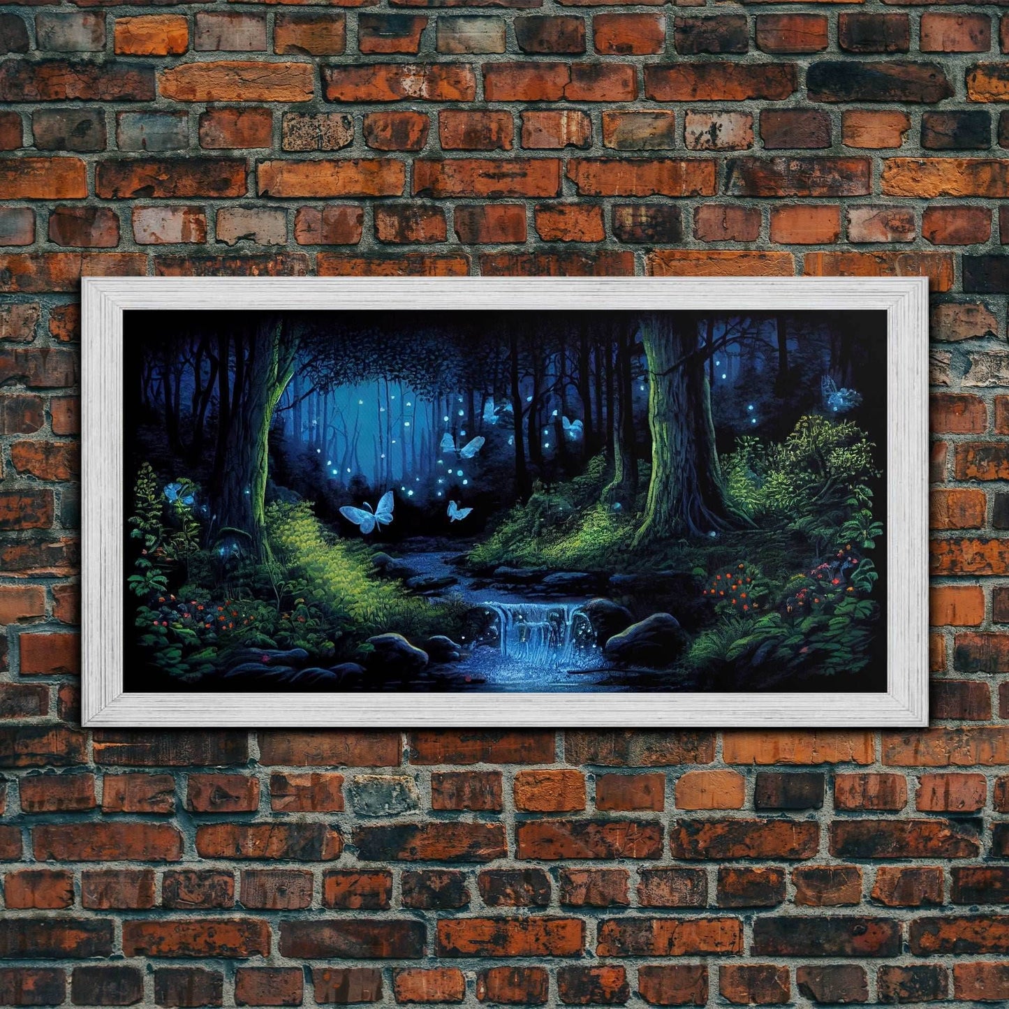 Enchanted Forest Painting, Fantasy Art, Fairy House, Fantasy, Woodland Decor, Woods, Forest, Fairy Forest with Blue Butterflies - 10x20 Inches / Gold Frame