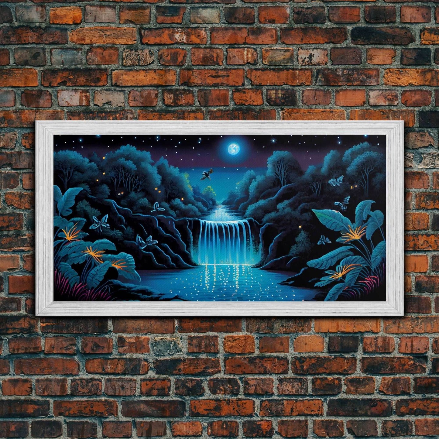 The Secret Waterfall, Enchanted Forest With Painting, Fantasy Art, Fairy House, Fantasy, Woodland Decor, Woods, Forest with Blue Butterflies - 10x20 Inches / Gold Frame