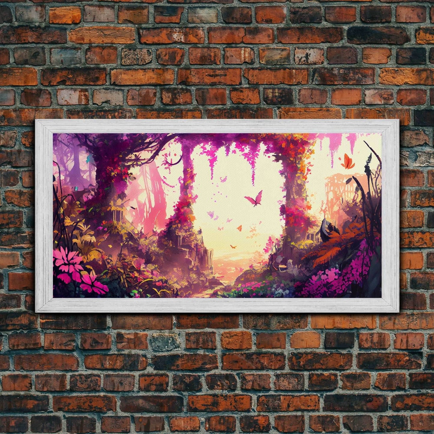 Pink Forest Art | Framed Canvas Print | Framed Art | Fantasy Decor | Magenta / Fuchsia Gift | Large Format Art - 10x20 Inches / Gold Frame