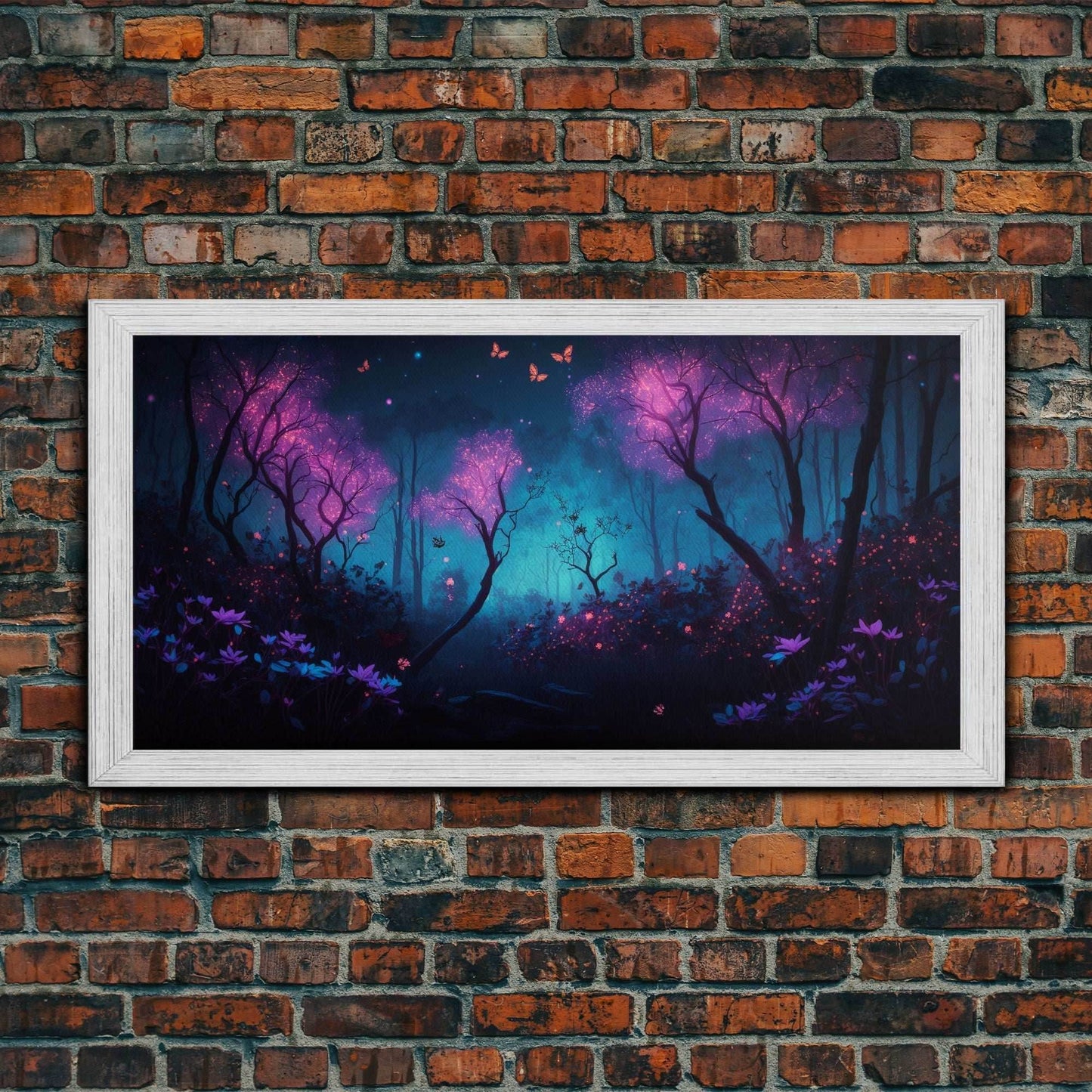 Beautiful forest canvas print Fantasy forest wall art Forest Painting, Framed Art, Glowing Butterflies - 10x20 Inches / Gold Frame