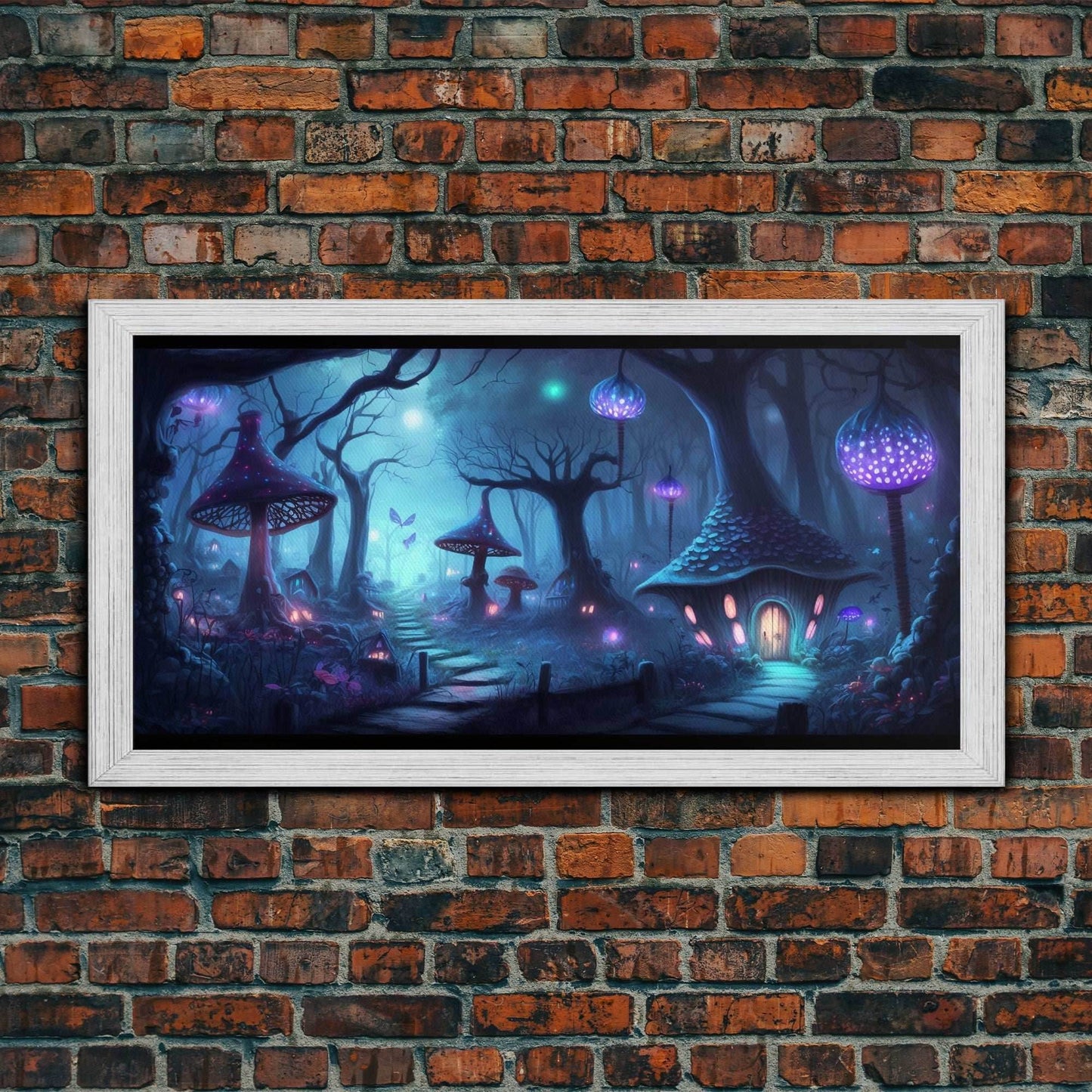 Magical Mushroom Fantasy Forest Wall Art, Framed Canvas Print, Game Room Art, Fantasy Decor - 10x20 Inches / Gold Frame