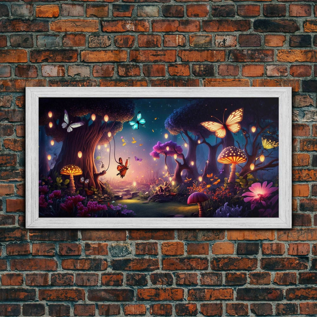Vibrant Fantasy Forest Wall Art, The Forest Floor, Bioluminescent Glowing Butterflies, Gift, Framed Canvas Print - 10x20 Inches / Gold Frame
