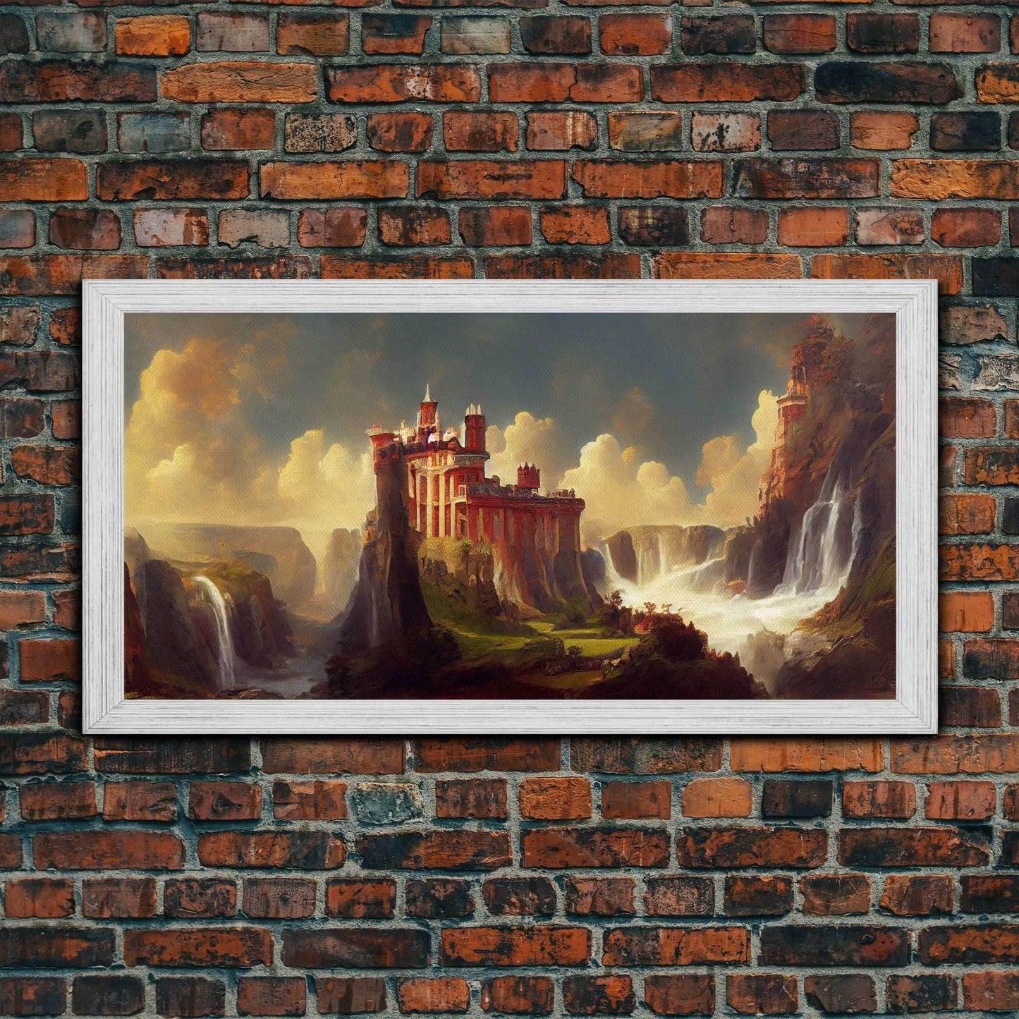 Fantasy wall art, canvas print, castle in the sky, castle atop mountains and waterfalls, watercolor - 10x20 Inches / Gold Frame