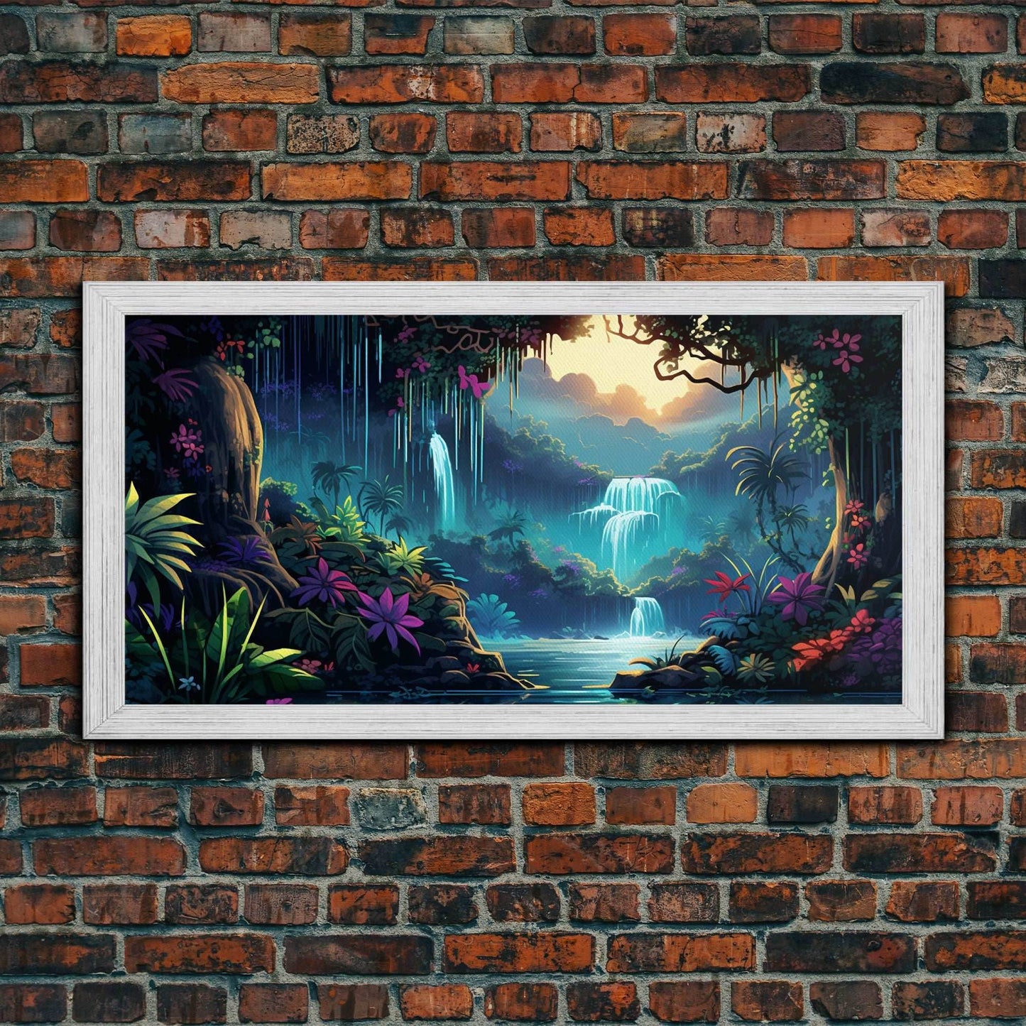 Fantasy Forest Wall Art, Waterfalls, Forest Wall Art, Trees Wall Print, Panoramic Art, Wall Art, Canvas Art, Landscape Art, Gaming Wall Art - 10x20 Inches / Gold Frame