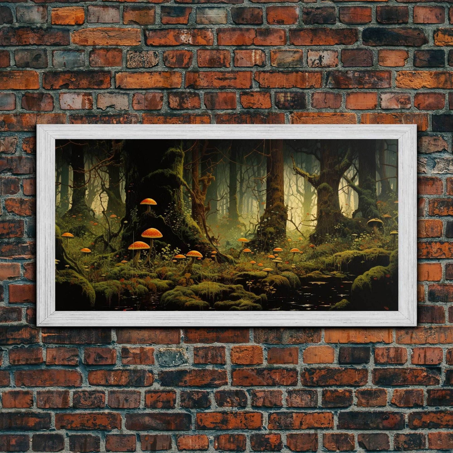 Mushroom Wall Art, Fantasy Forest, Tree Art, Enchanted Forest, Panoramic Art, Wall Art, Canvas Art, Landscape Art, Game Room Decor, Prints - 10x20 Inches / Gold Frame