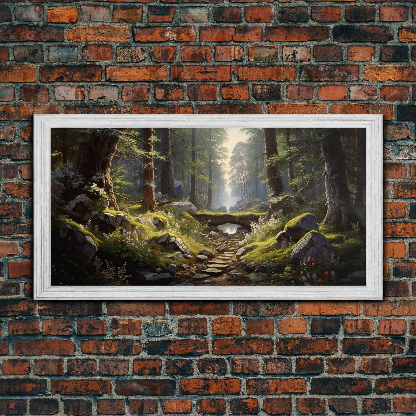 SlightlyScorched Framed Canvas Print Emerald Green Fantasy Forest, Mountain Forest Lake Landscape Minimalist Modern Art Nature Wall Decor - 10x20 Inches / Gold Frame