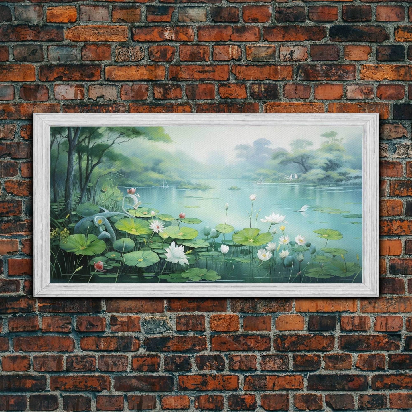 Lake Wall Art, Water Lily Wall Print, Fantasy Art, Panoramic Art, Wall Art, Canvas Art, Landscape Art, Wall Hanging, Client Gift, Ranch Art - 10x20 Inches / Gold Frame