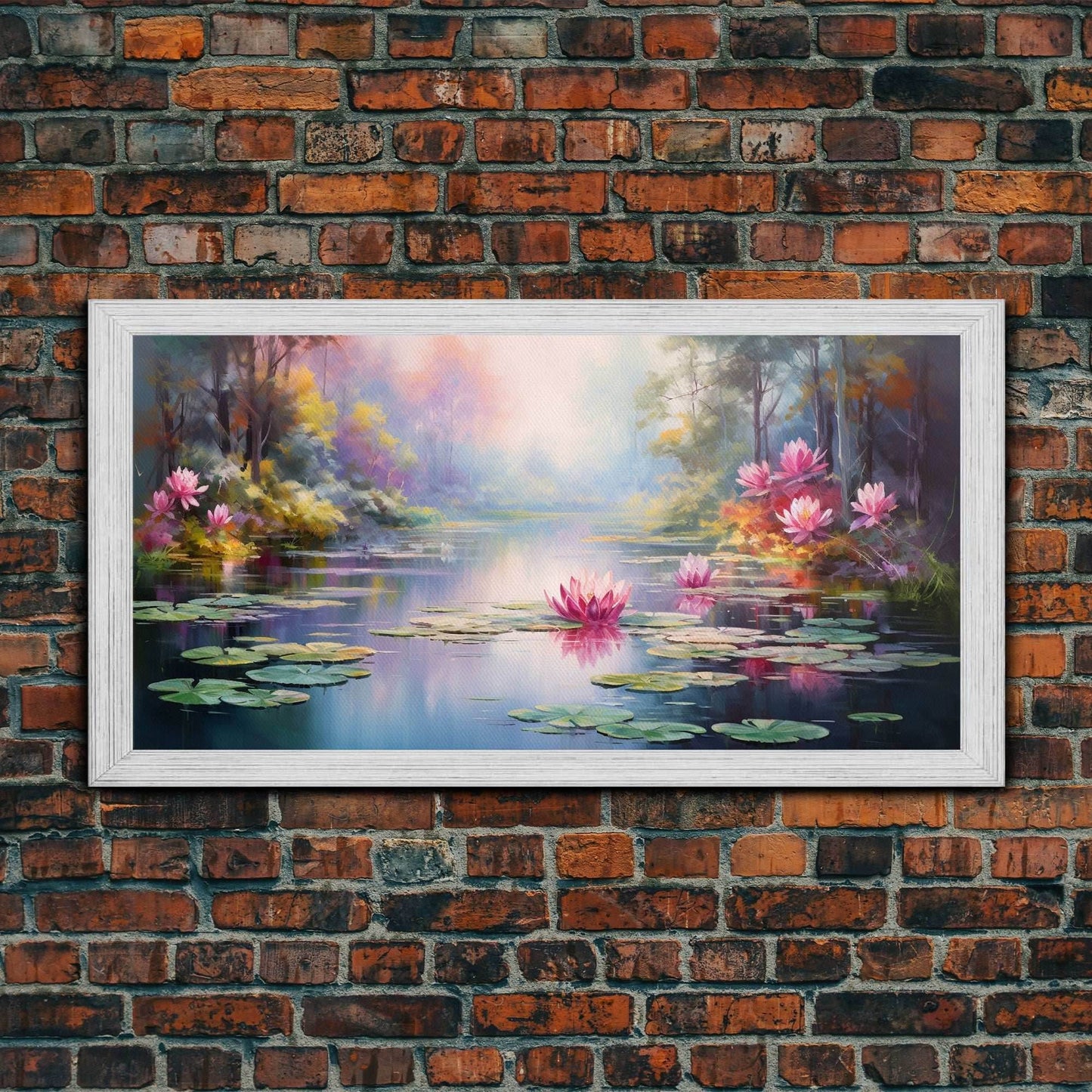 Pond Art, Lake Wall Print, Fantasy Wall Art, Water Lilies Wall Art, Panoramic Art, Wall Art, Canvas Art, Landscape Art, Friendship Gift - 10x20 Inches / Gold Frame