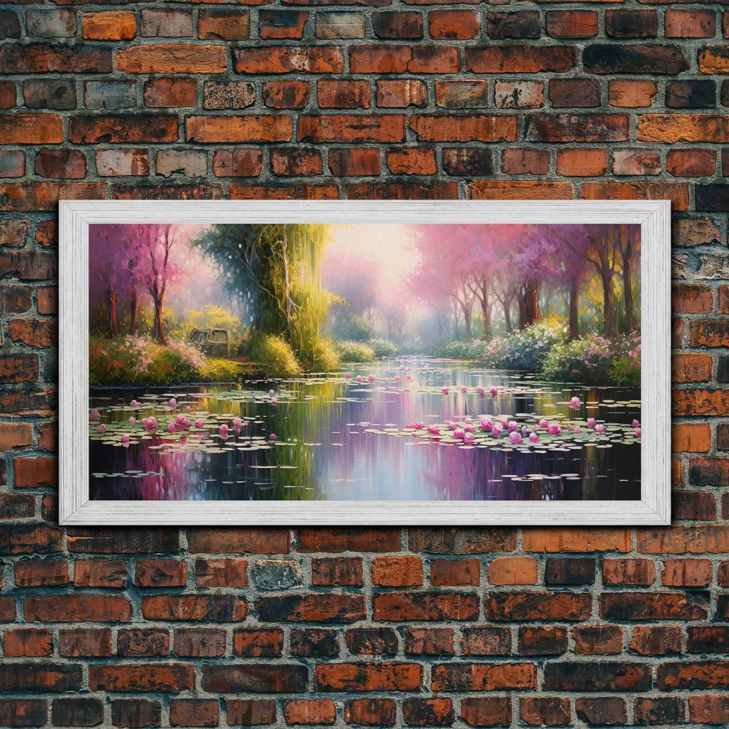 Fantasy Art, Lake Wall Print, Water Lilies Wall Art, Trees Wall Art, Panoramic Art, Wall Art, Canvas Art, Landscape Art, Long Wall Art - 10x20 Inches / Gold Frame