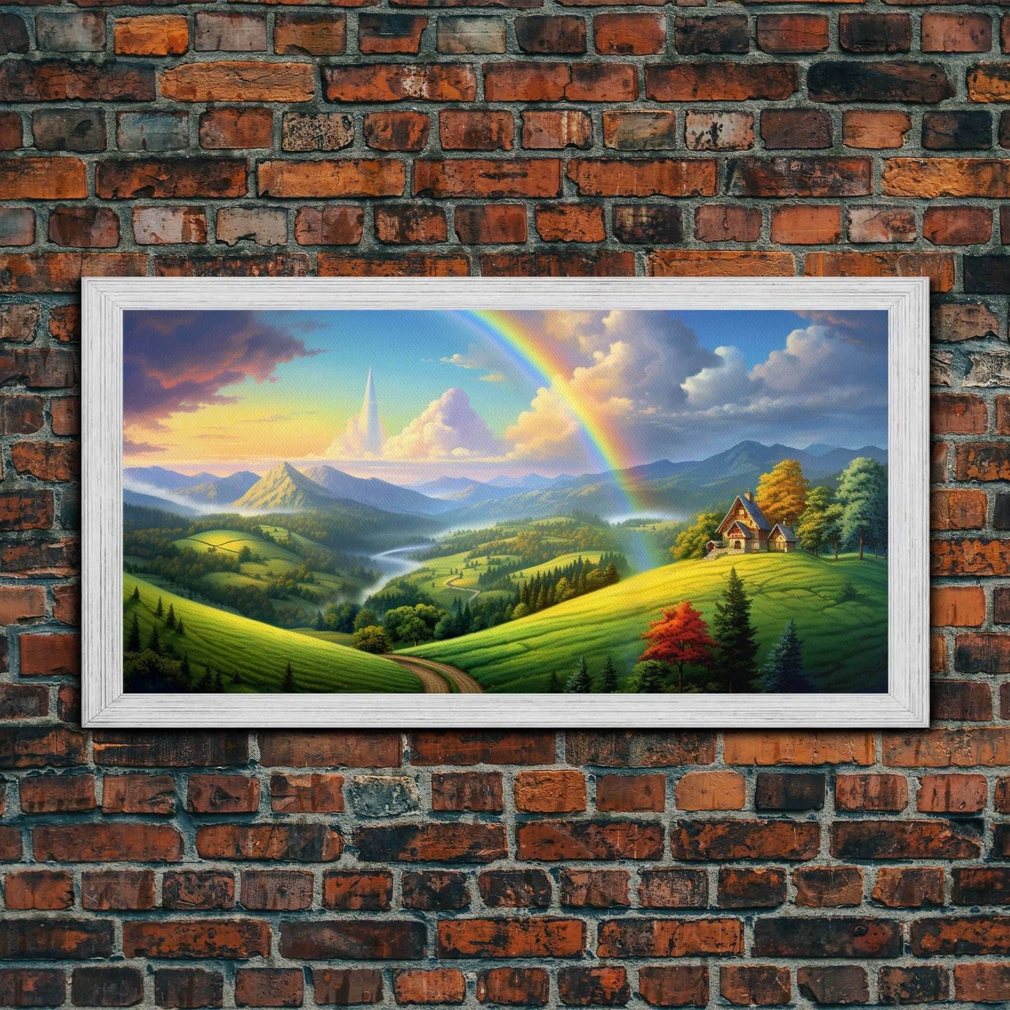 Rainbow Wall Decor, Fantasy Art, Mountains Wall Art, Panoramic Art, Wall Art, Canvas Art, Landscape Art, Appreciation Gift, College Dorm Art - 10x20 Inches / Gold Frame