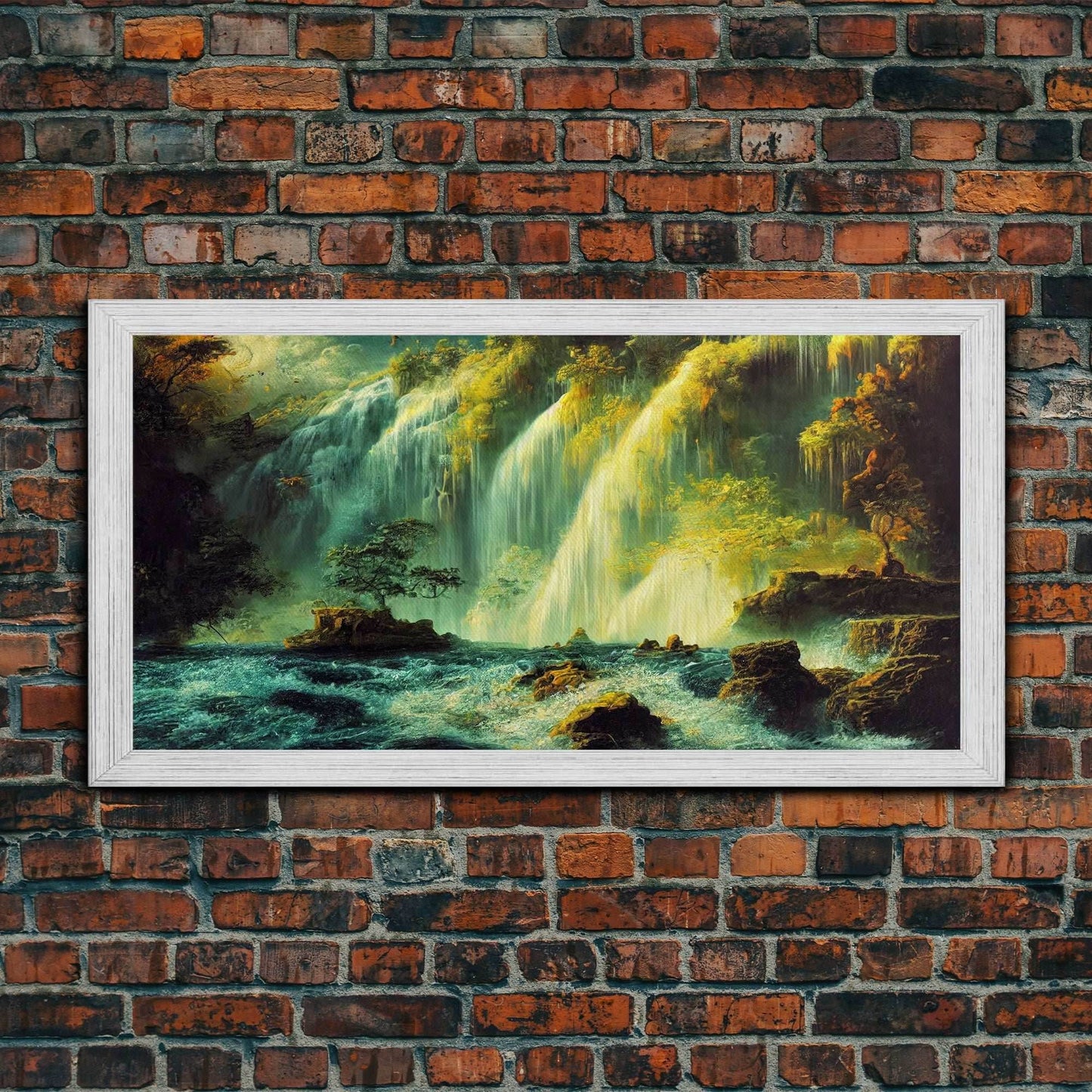 High Fantasy Wall Art, Secret Waterfall, ready to hang canvas print, framed art - 10x20 Inches / Gold Frame