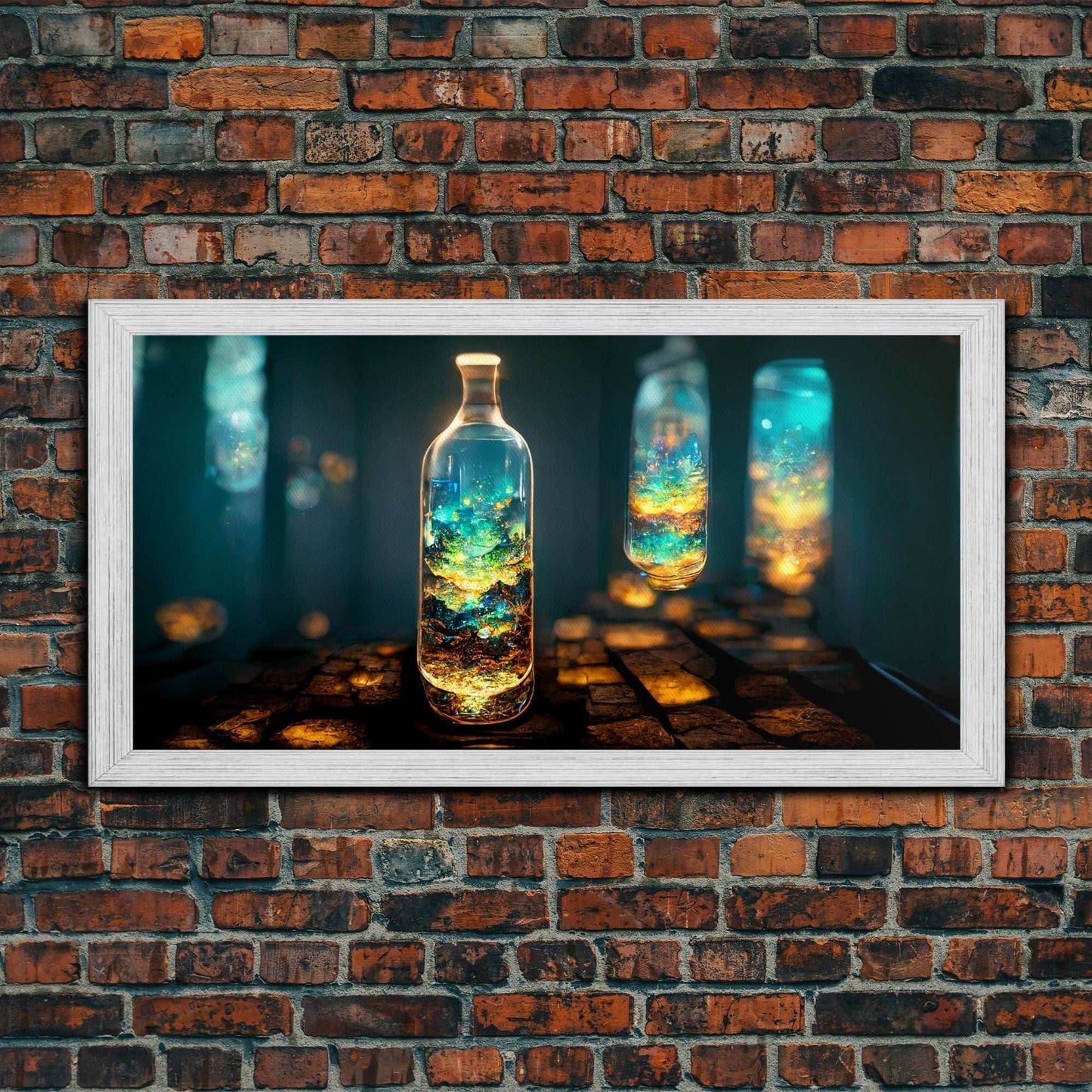 Miniature world in a bottle canvas print, high fantasy wall art, magical wall art, ready to hang wall art - 10x20 Inches / Gold Frame