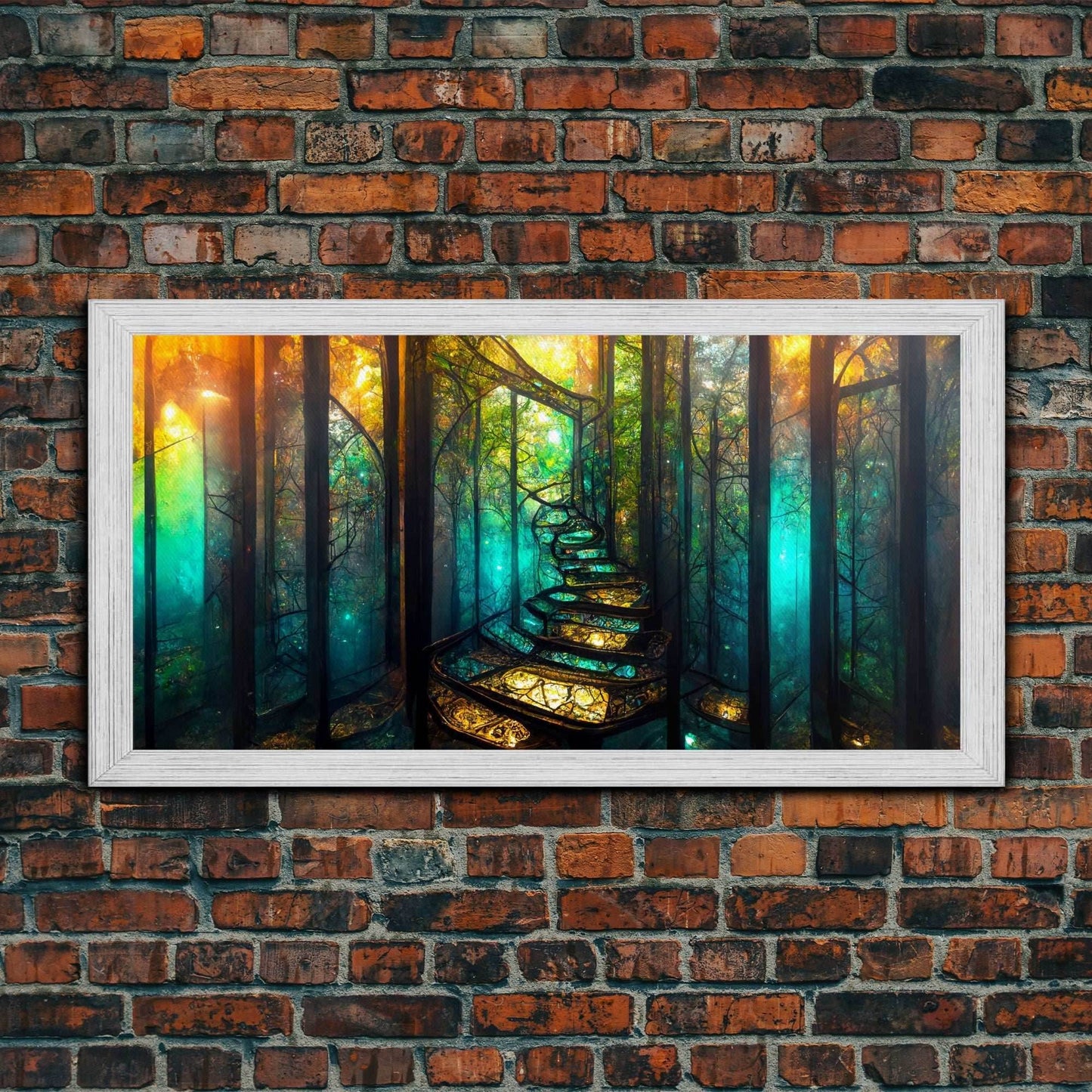 Fantasy wall art, canvas print, magical forest, fantasy landscape art, ready to hang wall art, bioluminescent glowing fantasy wall decor - 10x20 Inches / Gold Frame
