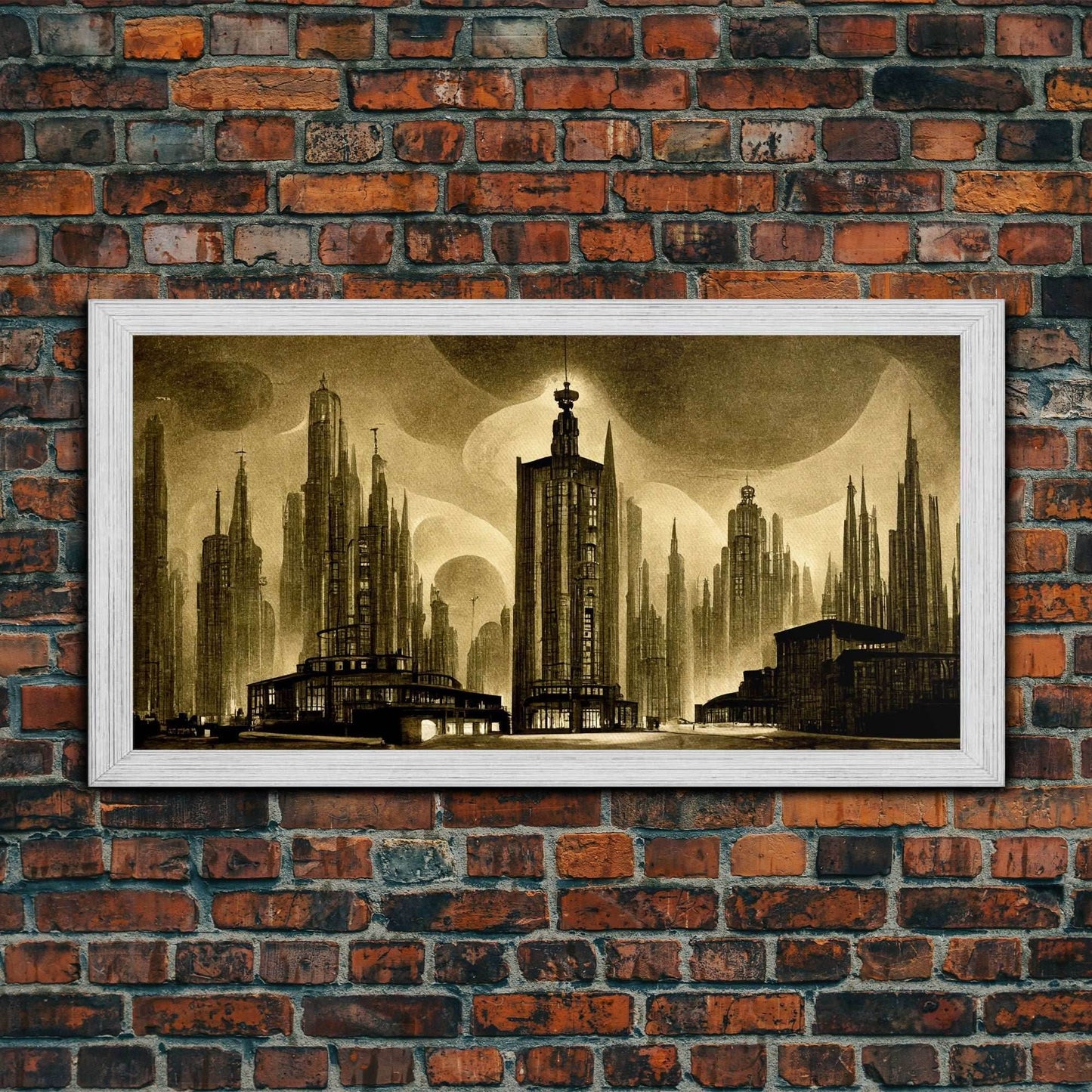 Dystopian Metropolis Art Deco Canvas Print, City Skyline, Fantasy Art, Art Deco Living Room Art, ready to hang wall art - 10x20 Inches / Gold Frame