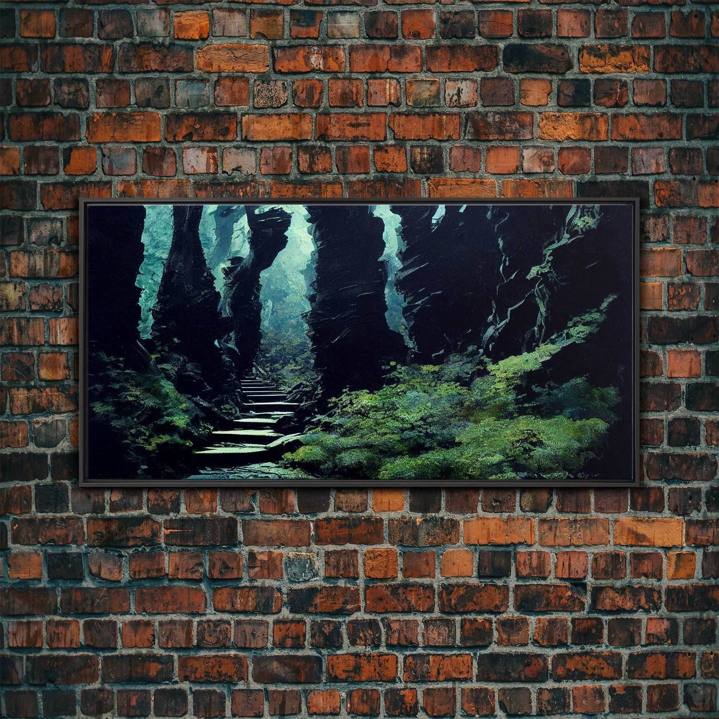 Fantasy Forest with Temple Steps, Wall Decor, Ready To Hang Framed Canvas Print, Oversize Wall Art - 10x20 Inches / Black Frame