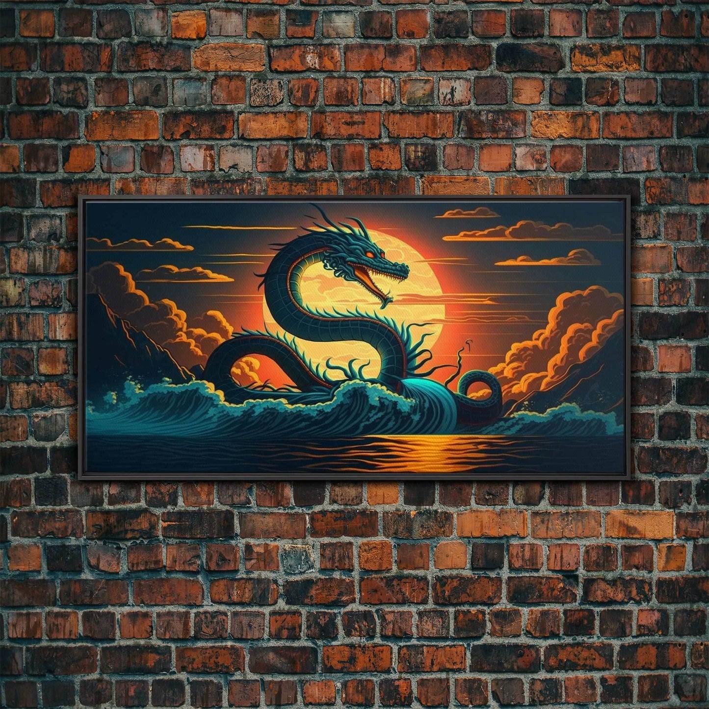 Jormungandr The Sea Serpent, Pop Art, Framed Canvas Print, Fantasy Art, Norse Mythology, Nordic / Viking Wall Art - 10x20 Inches / Black Frame