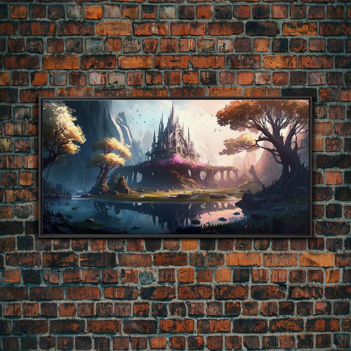 Norse Mythology Art, Alfheim Realm of the Light Elves, Framed Canvas Print, Fantasy Wall Art - 10x20 Inches / Black Frame