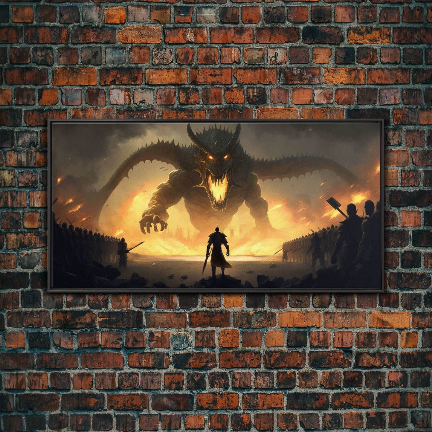 Warrior Facing Down a Dragon, Framed Canvas Print, Unique Fantasy Wall Art, In The Time of Dragons - 10x20 Inches / Black Frame