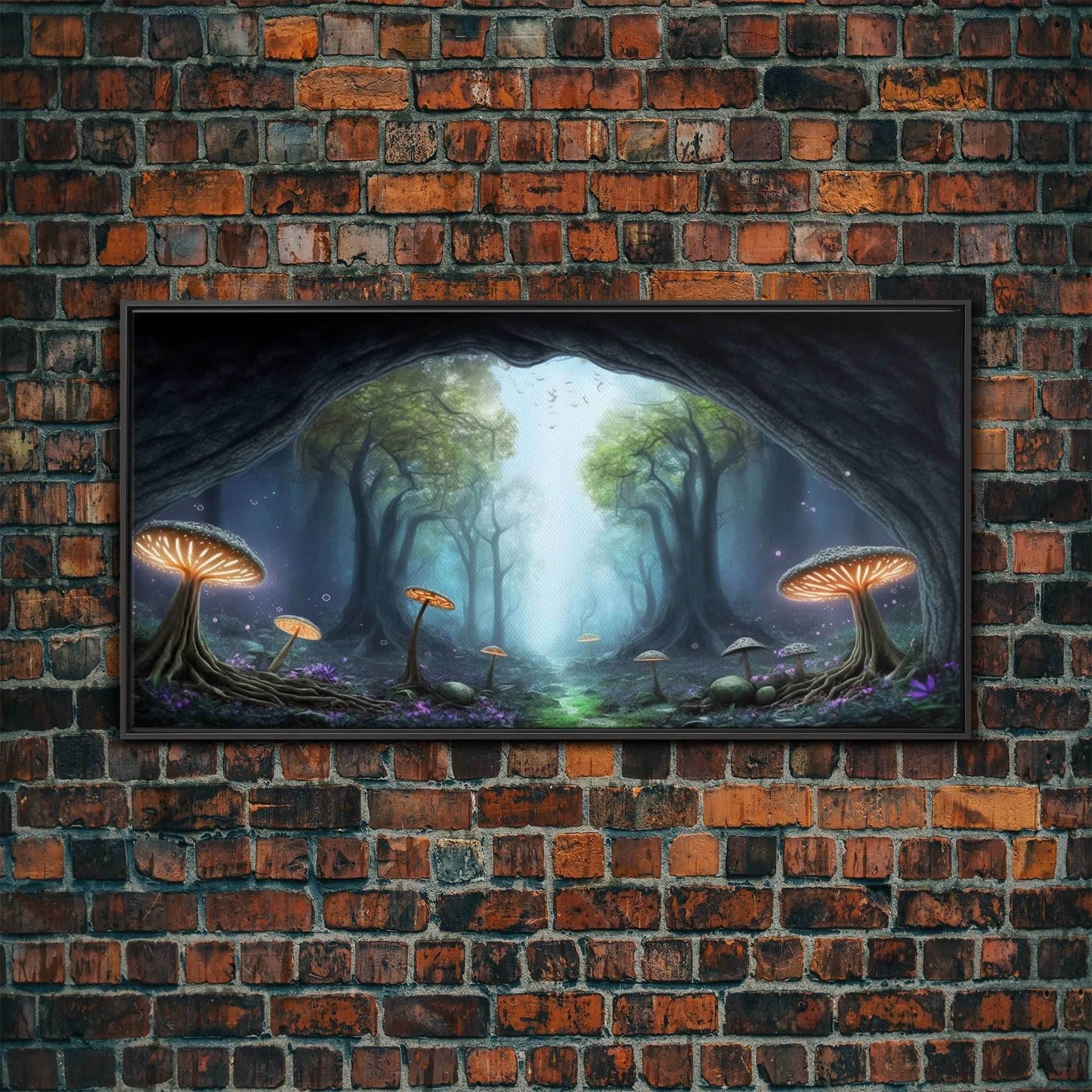 Magical Enchanted Mushroom Forest, Fantasy Art, Framed Canvas Print, Bioluminescent Butterflies in an Enchanted Forest, Glowing Art - 10x20 Inches / Black Frame