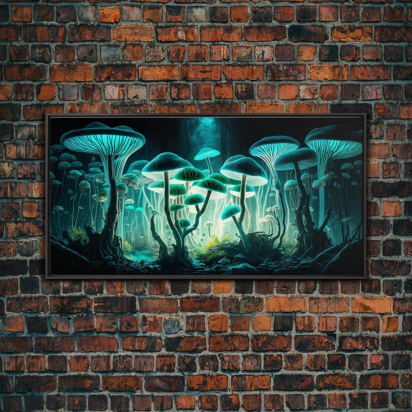 The Forest Floor, Framed Canvas Print, Glowing Mushrooms, Bioluminescent Mushroom Art, Color fantasy wall art - 10x20 Inches / Black Frame