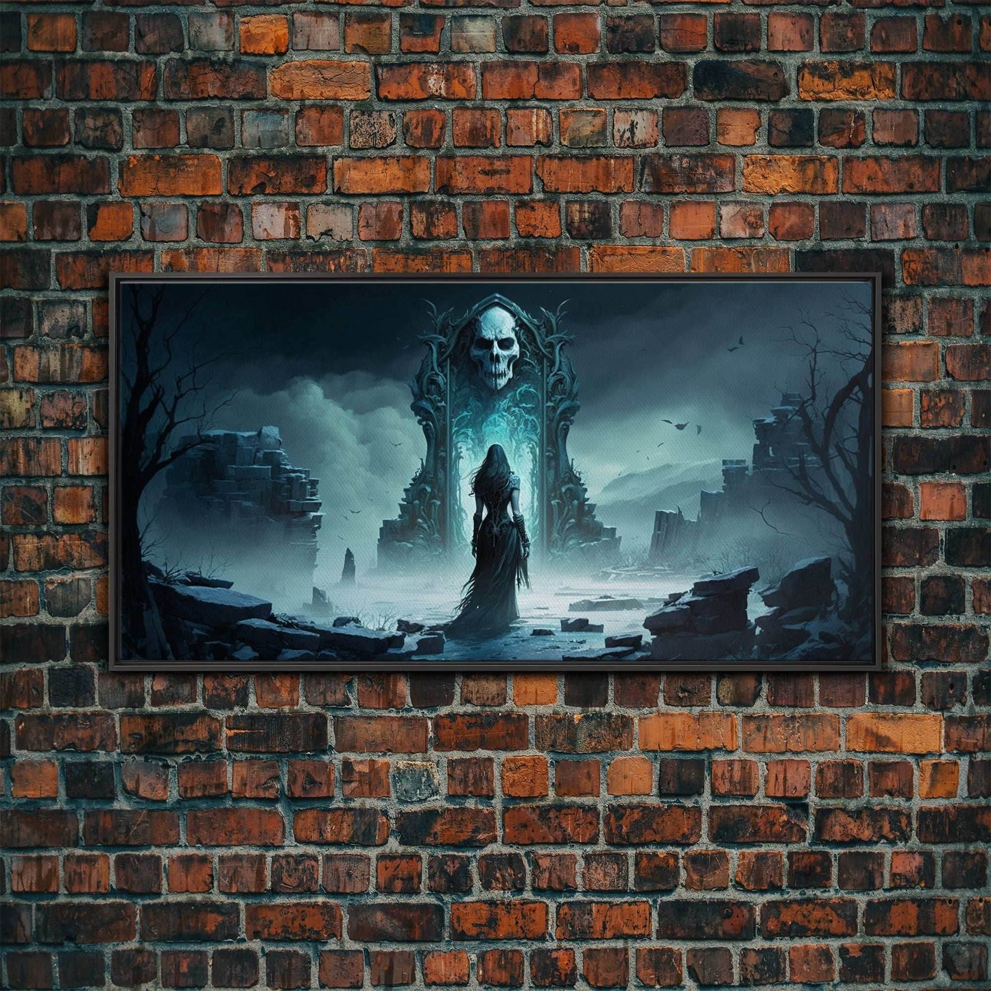 Doorway to Niflheim, Land of Mist and the Dead, Norse Mythology Fantasy Art, Framed Canvas Print, Fantasy Decor - 10x20 Inches / Black Frame