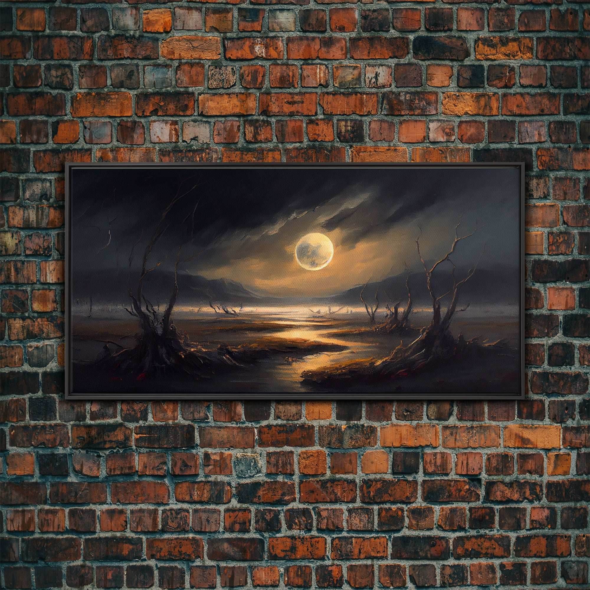 Midnight In The Swamp, Framed Canvas Print, Fantasy Art Canvas, Wall Art, Game Room Art, Full moon - 10x20 Inches / Black Frame