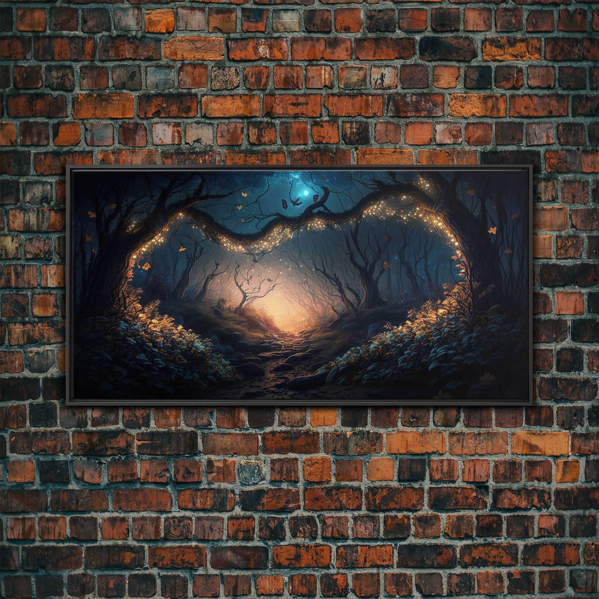 Wreath of Fireflies, Beautiful Fantasy Art, Framed Canvas Print, Moonlit Forest Floor Fantasy Concept Art - 10x20 Inches / Black Frame