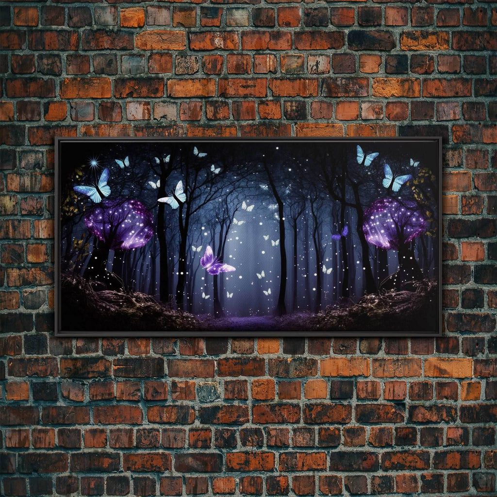 Glowing Butterflies, Framed Canvas Print, Fantasy Decor, High Fantasy Canvas Art, Fairy Forest - 10x20 Inches / Black Frame