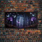 Glowing Butterflies, Framed Canvas Print, Fantasy Decor, High Fantasy Canvas Art, Fairy Forest - 10x20 Inches / Black Frame