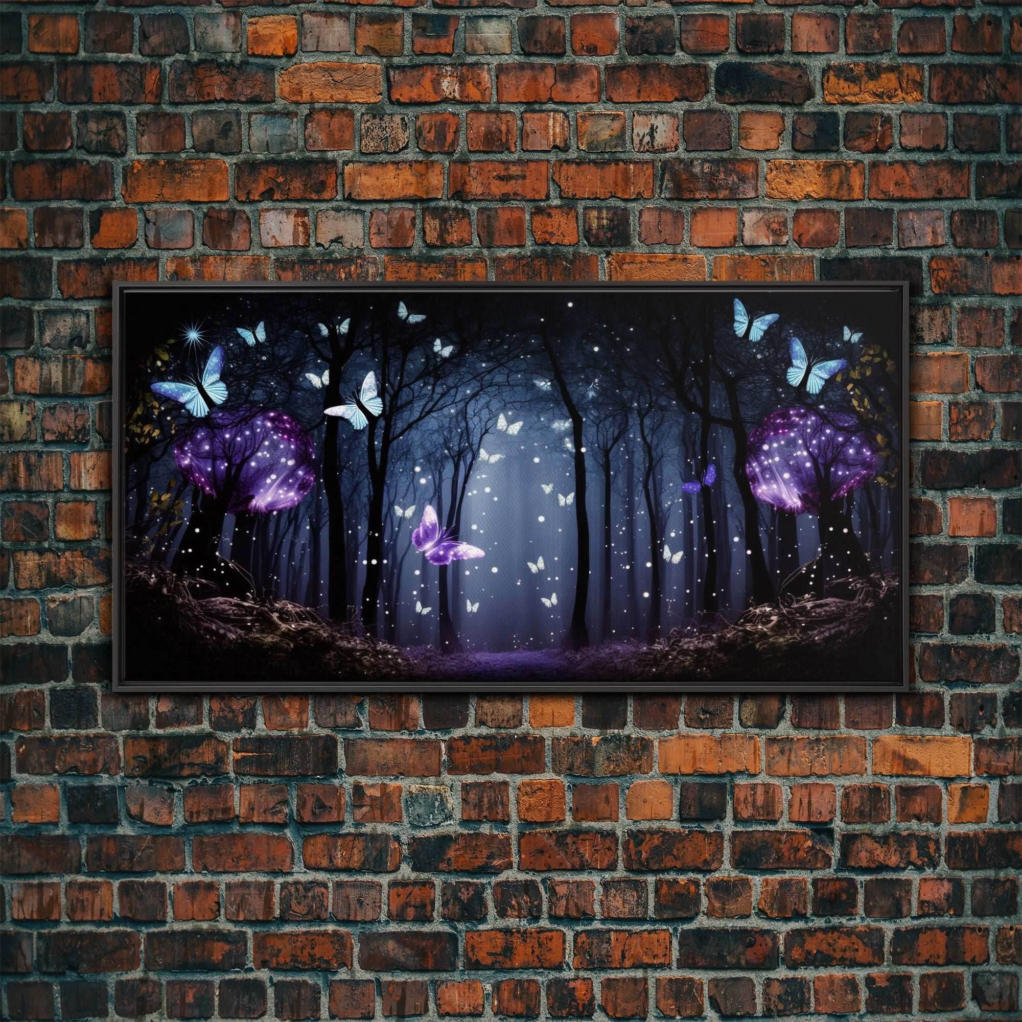 Glowing Butterflies, Framed Canvas Print, Fantasy Decor, High Fantasy Canvas Art, Fairy Forest - 10x20 Inches / Black Frame