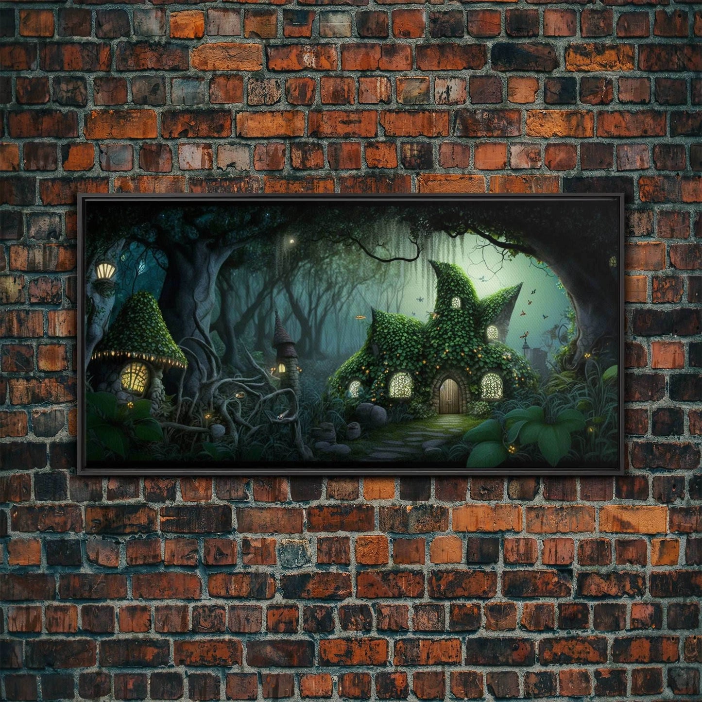 Gnome City, Wall Art, Fantasy Canvas Print, Framed Art, Tiny Gnome Houses On The Forest Floor - 10x20 Inches / Black Frame