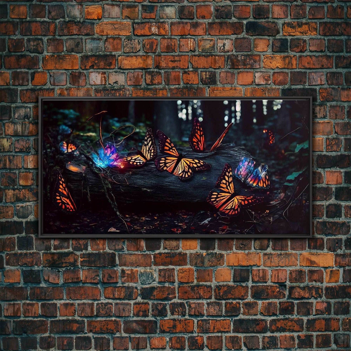 Glowing butterflies, fantasy forest wall art, framed canvas print, mother's day, mom gift, monarch butterflies - 10x20 Inches / Black Frame