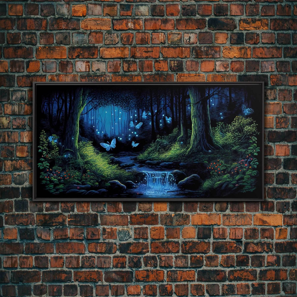 Enchanted Forest Painting, Fantasy Art, Fairy House, Fantasy, Woodland Decor, Woods, Forest, Fairy Forest with Blue Butterflies - 10x20 Inches / Black Frame
