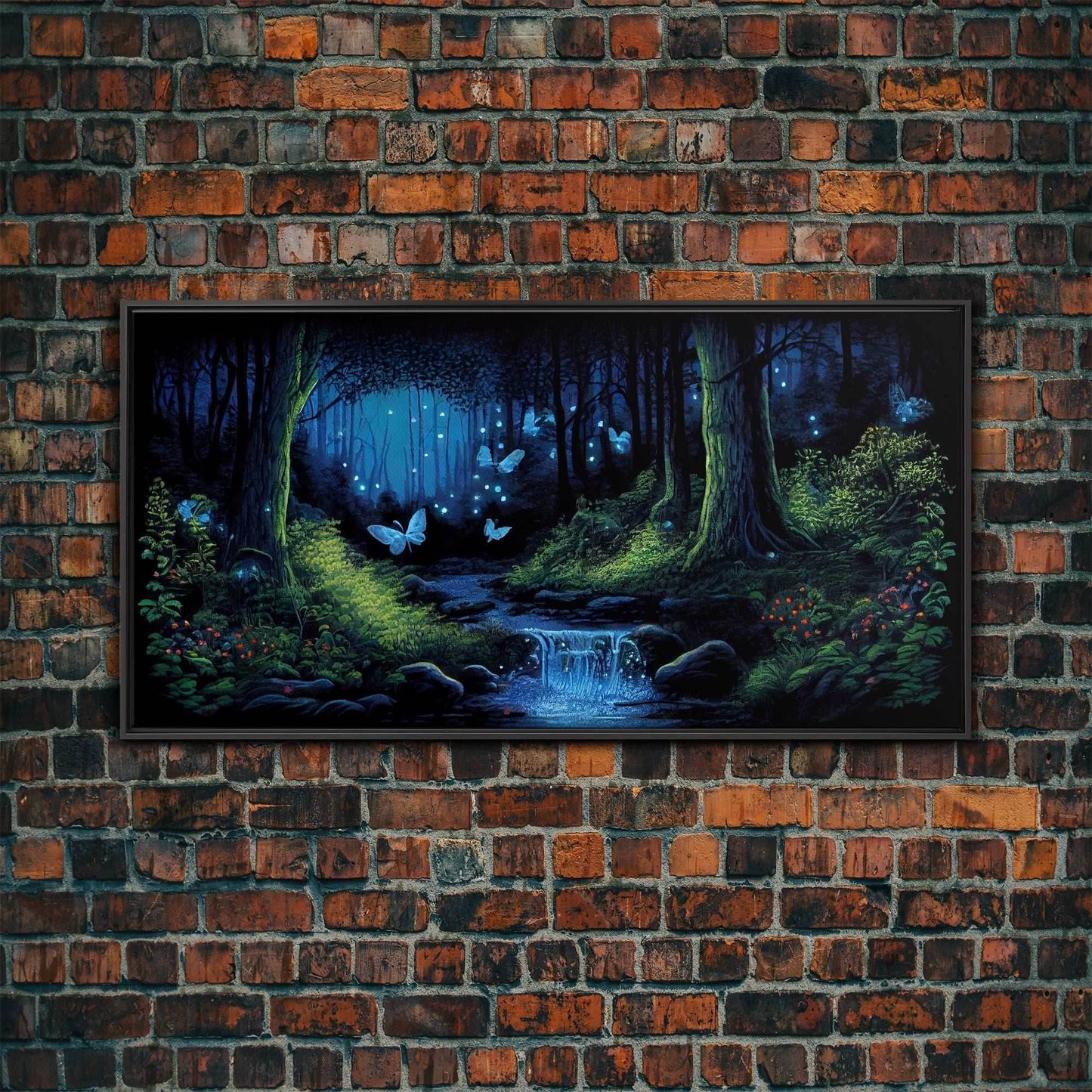 Enchanted Forest Painting, Fantasy Art, Fairy House, Fantasy, Woodland Decor, Woods, Forest, Fairy Forest with Blue Butterflies - 10x20 Inches / Black Frame
