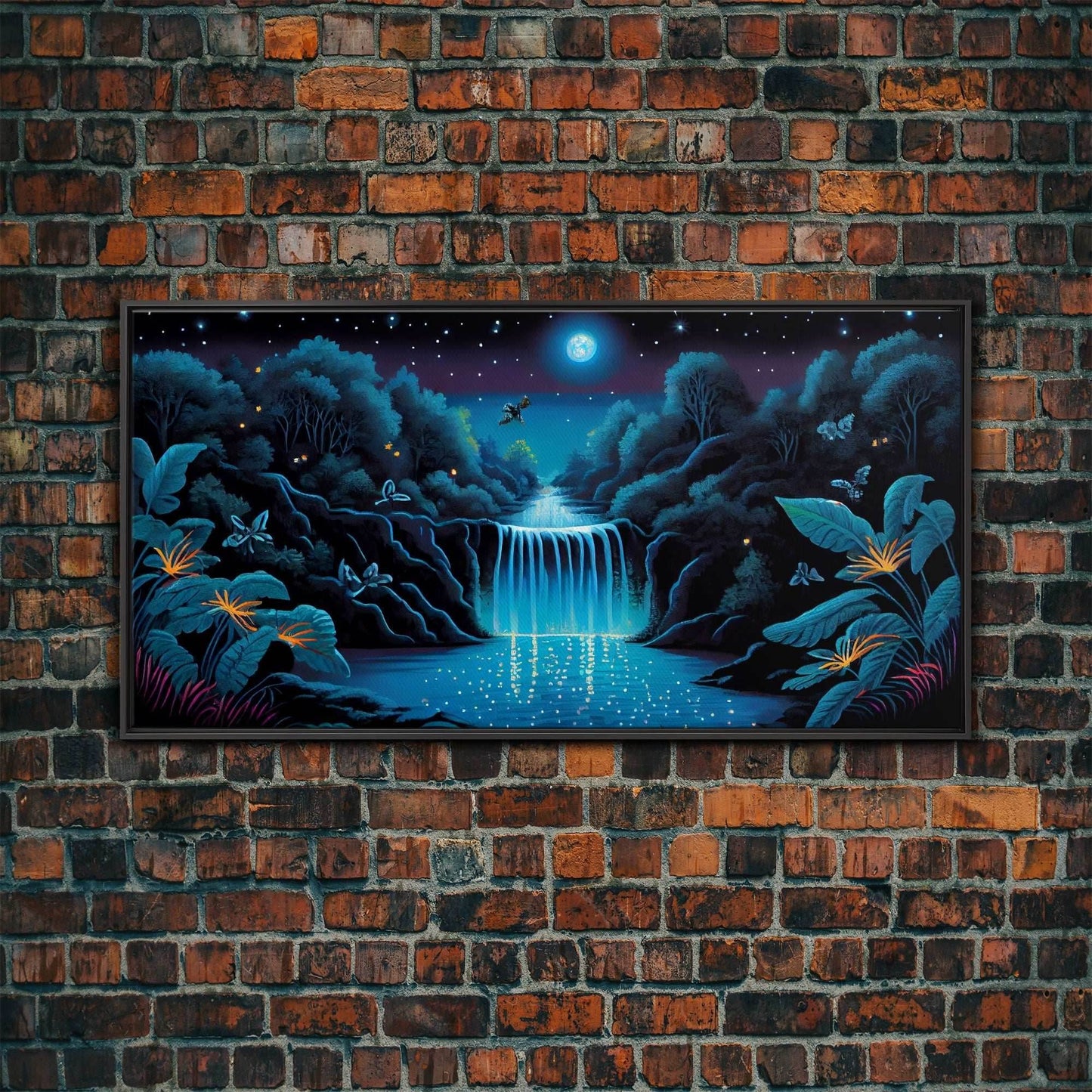 The Secret Waterfall, Enchanted Forest With Painting, Fantasy Art, Fairy House, Fantasy, Woodland Decor, Woods, Forest with Blue Butterflies - 10x20 Inches / Black Frame